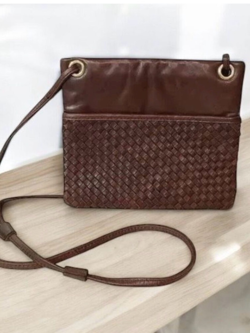 MARGOT Weave Leather Crossbody Grommet Bag Brown Tan